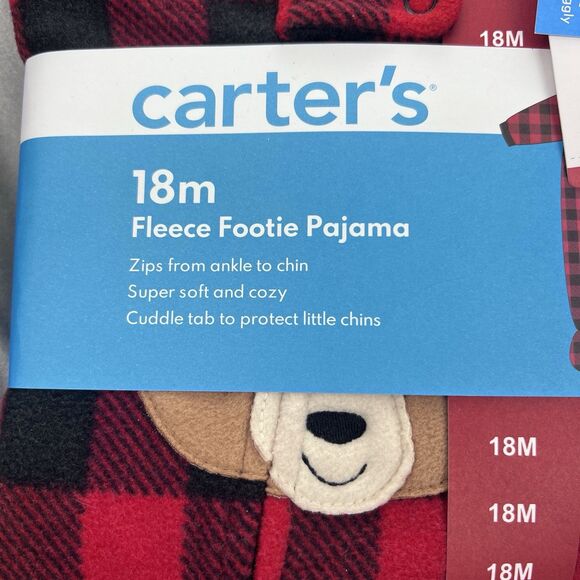 Carter's 18 Month One-Piece Fleece Footie Pajamas Zipper Red Plaid Bear PJ’s NWT - Picture 2 of 8